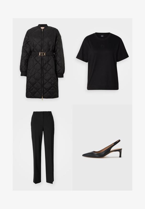 Juodas šiltas ilgas paltas su elastingomis rankovėmis, priekyje su užtrauktuku ir derančiu diržu, kuriame yra auksinė ovali sagtis.; Juodas medvilninis marškinėliai su apvalia iškirpte, trumpomis rankovėmis ir siuvinėjimu ant krūtinės. Paprastas, laisvas siluetas be raštų.; Juodi pritaikyti kelnių modeliai su tiesiomis kojomis, pasižyminčios lygiomis tekstūromis ir ryškiomis klostėmis priekyje. Nėra matomų detalių.; Juodas odinis šliuurkastukas su smailiu pirštu, žemu kulnu ir glotnia tekstūra. Turi ploną reguliuojamą dirželį patogiam prigludimui.