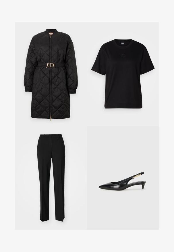 Casaco longo acolchoado preto com punhos elásticos, fecho frontal de zíper e cinto combinando com fivela oval dourada.; T-shirt de algodão preto com decote redondo, mangas curtas e um logótipo bordado no peito. Corte simples e descontraído, sem padrões.; Calças pretas de corte ajustado com um design de perna reta, apresentando uma textura lisa e pregas bem definidas na frente. Sem hardware visível.; Saltos slingback em couro preto com bico fino, apresentando um salto esguio e um detalhe em tom dourado na alça ajustável. Textura suave.