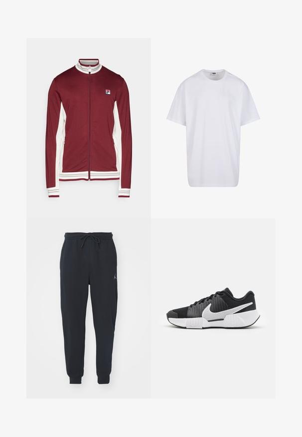 Fila JACKET BJÖRN - Træningsjakke - cabernet/white alyssum; Hvid bomulds t-shirt med korte ærmer, rund halsudskæring, afslappet pasform, og ingen synlige logoer eller mønstre. Glat tekstur og minimalistisk design.; Sorte joggingbukser lavet af blødt stof, med en elastisk talje med snøre, ribbede manchetter og et lille logo på venstre lår.; Sorte athletic sko med en tekstureret overdel, hvidt swoosh-logo, polstret hæl og en kontrasterende hvid sål med et zigzagmønster.