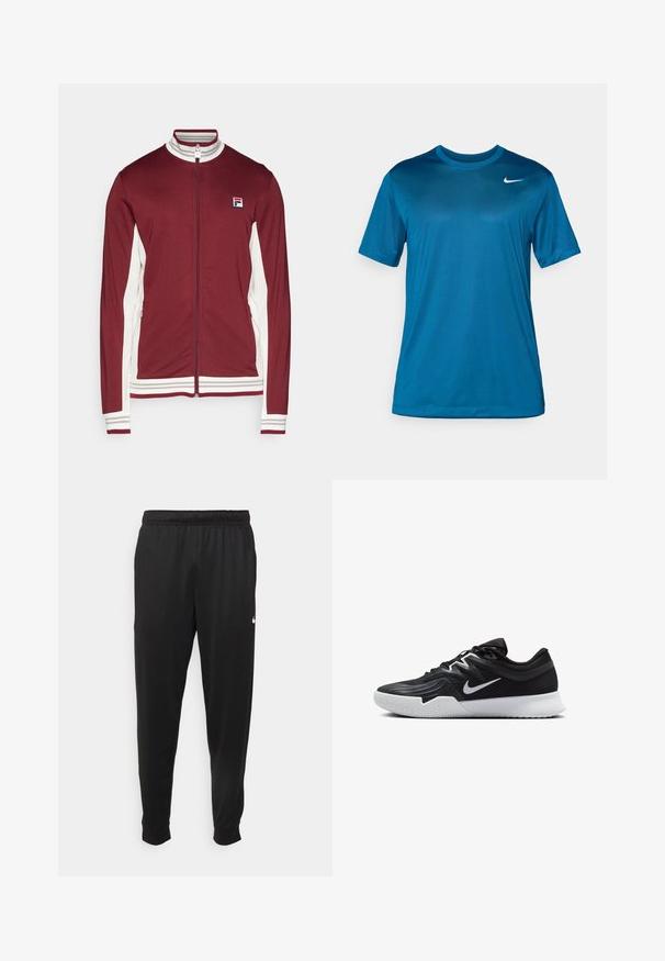 Fila JACKET BJÖRN - Tréningová bunda - cabernet/white alyssum; Športové tričko s krátkym rukávom v modrej farbe, vyrobené z hladkej, vlhkosť odvádzajúcej tkaniny. Má okrúhly výstrih a malé logo na hrudi.; Čierne športové nohavice z hladkej tkaniny, s elastickým pásom, zužujúcimi sa nohavicami a malým bielym logom na ľavej strane.; Čierna športová topánka s textúrovaným zvrškom, bielym logom Nike a bielou gumovou podrážkou. Má šnurovací dizajn a dynamický tvar.