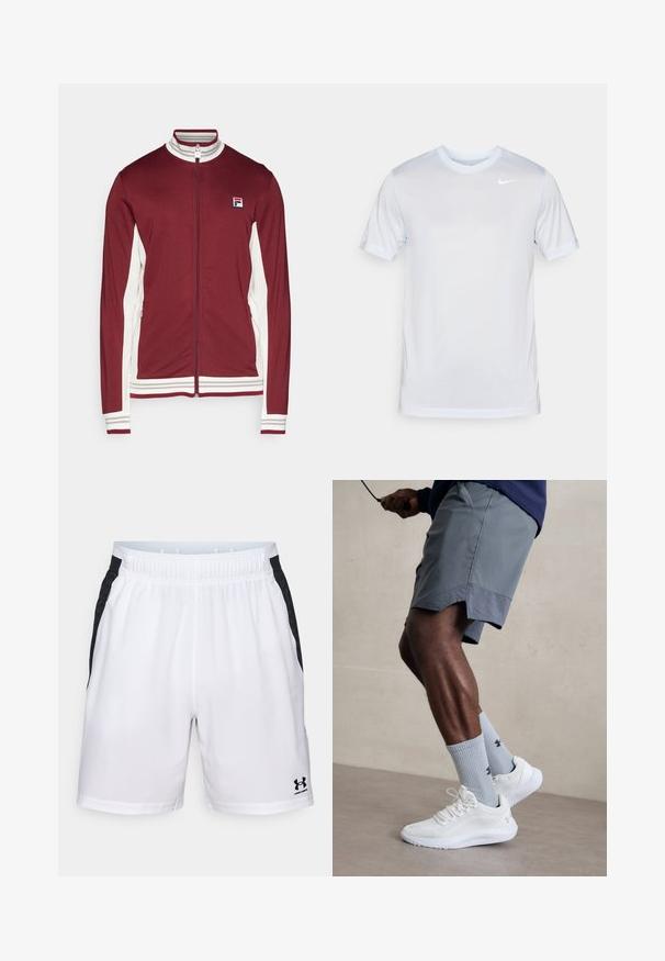 Fila JACKET BJÖRN - Trainingsvest - cabernet/white alyssum; Nike Performance TEE NEW VENEER - Sport T-shirt - football grey/pure/white; Witte sportshorts met zwarte zijaccenten, elastische tailleband en Under Armour-logo op het onderste gedeelte van het rechterbeen. Glad textuur en lichtgewicht materiaal.; Witte sportschoenen met een textuur van gaas aan de bovenkant, gecombineerd met lichtblauwe geribde sokken met een logo. Grijze sportshorts met geperforeerde accent.