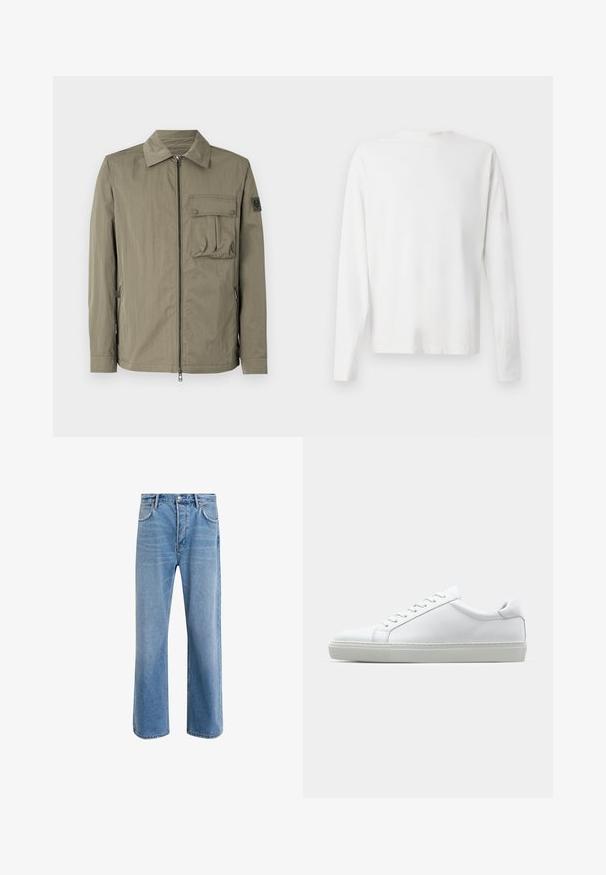 Olivengrønn, lett jakke med glidelås, en knappet brystlomme, sidelommer og et rundt logo-patch på ermet.; Langermet hvit bomullsskjorte med rund hals, sidespalter nederst og en jevn tekstur, vist fra baksiden.; Lys blå denimjeans med rett ben-design, fem lommer, knappeåpning, minimal falming og kontrasterende sømdetaljer.; Hvit sneakers med en glatt skinnoverdel og lav profil. Har en rund tå, seks snøring hull, og en teksturert gummisåle.