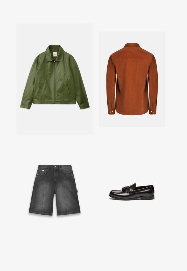 Veste en cuir vert avec fermeture éclair, col, deux poches latérales et une texture lisse. Design simple et moderne sans motifs.; Chemise en velours côtelé marron avec des manches longues, un col et des poignets boutonnés. Le tissu a une texture douce avec un motif côtelé.; Shorts en denim noir avec une coupe droite, des poches avant et arrière, et des coutures contrastantes ainsi que des accents en métal.; Mocassins en cuir marron avec une finition lisse, présentant un design cousu et des pampilles décoratives à l'avant. Semelle plate et bout rond.