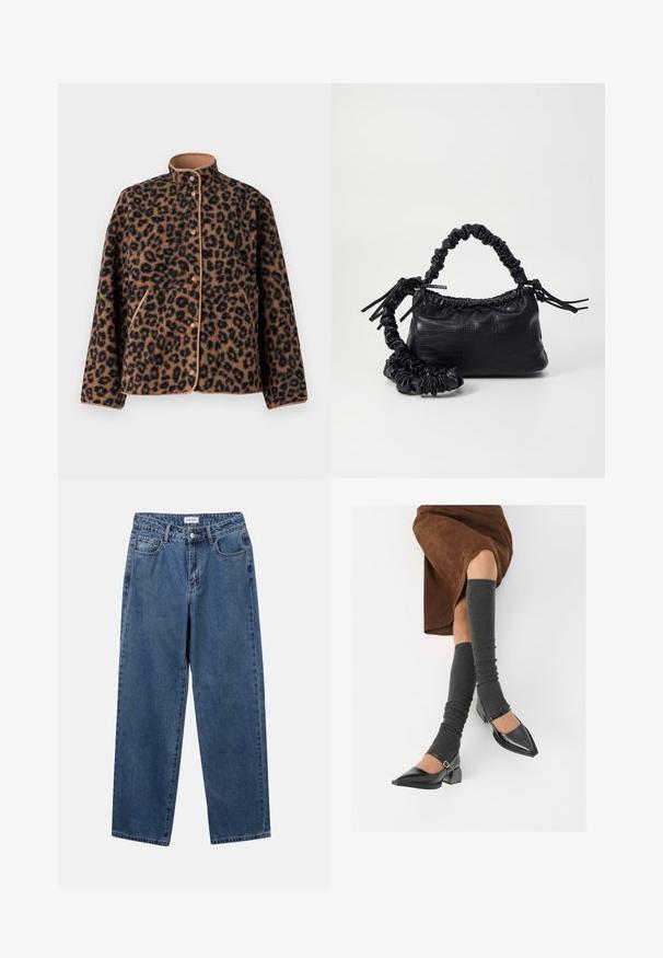 JJXX JXVERA JACKET - Jakna iz flisa - multi coloured; Bela srajca z gumbki, narejena iz gladkega bombaža, s klasičnim ovratnikom, dolgimi rokavi in ukrivljenim robom. Gumbi so majhni in beli.; Klasične modre jeans hlače s ravnim krojem, petimi žepi in gumbom za zapiranje. Imajo srednje pranje in trdno teksturo.; Črne lakirane čevlje s pointy prsti in blok peto ter z naramnicami za gleženj, ki jih kombiniramo s sivimi rebrastimi nogavicami in rjavim suknjičem iz usnja.; Črna torbica iz umetnega usnja s krokodilovo teksturo, z zvitim vrhom in zmečkano naramico. Zdi se mehka in kompaktna v oblikovanju.