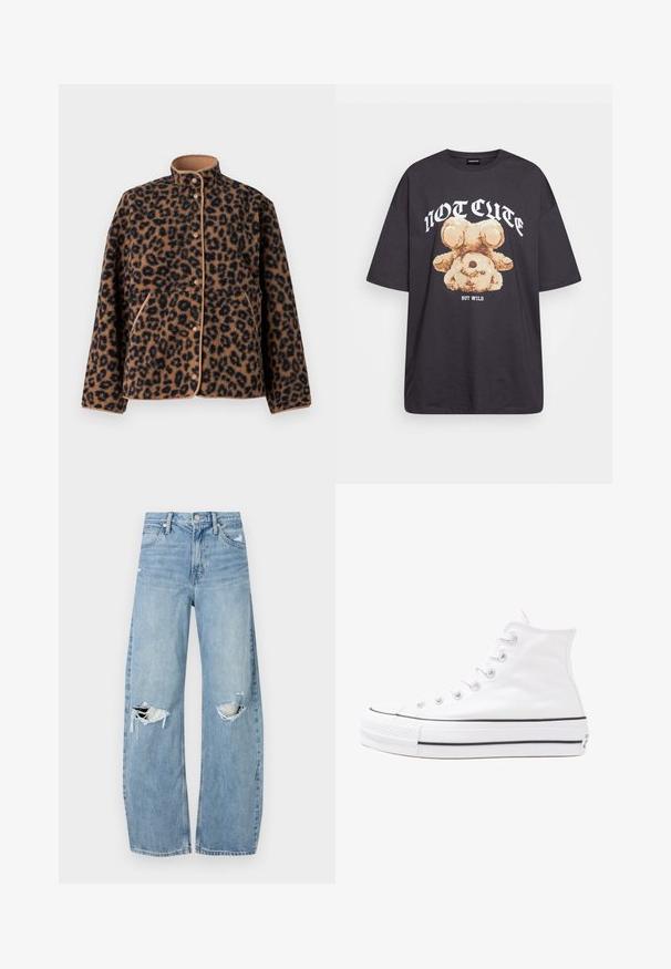 JJXX JXVERA  - Fleecejas - multi coloured; Zwart oversized t-shirt met een afbeelding van een beer en de tekst "NIET SCHATTIG, MAAR WILD" in grote, witte letters. Gemaakt van katoen.; Lichtblauwe, hooggeritste jeans van denim. Beschikken over wijde pijpen, twee gescheurde knievalken en klassieke vijfzakken styling.; Witte high-top canvas sneakers met een zwarte rubberen zool, een rubberen neuskap aan de voorkant en zes gaatjes voor veters, met een schone, minimalistische uitstraling.