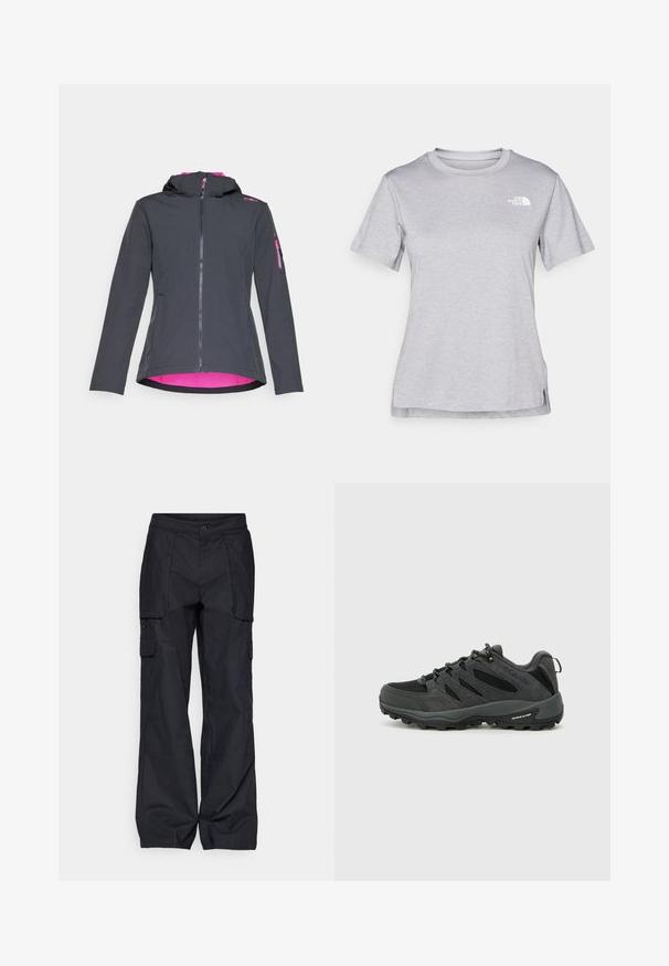 Kapuca jakna s tamnosivom vanjštinom i ružičastom unutrašnjošću. Ima prednji patentni zatvarač, bočne džepove i džep na rukavu s patentnim zatvaračem.; Siva kratka majica s kratkimi rokavi, izdelana iz mehkega, vlago odvračajočega materiala. Ima okroglo izrez in majhen bel logotip na zgornji levi strani.; Columbia BREA FALLS™ COTTON RIPSTOP PANT - Hlače za na prostem - black; Columbia REDMOND - Pohodniški čevlji - black/citron haze