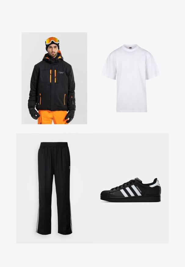 Black ski jacket with orange accents, multiple zippered pockets, adjustable hood, and textured fabric, worn with gloves and goggles.; White cotton t-shirt with a crew neckline, short sleeves, and a relaxed fit. Features plain design without patterns or accents.; Black athletic pants with an elastic waistband, featuring white side stripes and a small logo. Material appears soft and lightweight.; Black Adidas Superstar sneaker with white stripes, shell toe, and "Superstar" text on side, shown in side profile on white background.