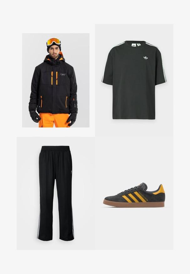 Schwarze Skijacke mit orangefarbenen Akzenten, mehreren mit Reißverschluss versehenen Taschen, verstellbarer Kapuze und strukturiertem Stoff, getragen mit Handschuhen und einer Skibrille.; Schwarzes Baumwoll-T-Shirt mit kurzen Ärmeln, Rundhalsausschnitt und weißen Dreistreifen-Details auf den Schultern. Verfügt über ein kleines weißes Logo auf der Brust.; Schwarze Sporthosen mit elastischem Bund, ausgestattet mit weißen Seitenstreifen und einem kleinen Logo. Das Material wirkt weich und leicht.; Schwarze Wildledersneaker mit gelben Akzenten, ausgestattet mit drei Streifen und einer braunen Gummisohle. Enthält eine gepolsterte Zunge für zusätzlichen Komfort.