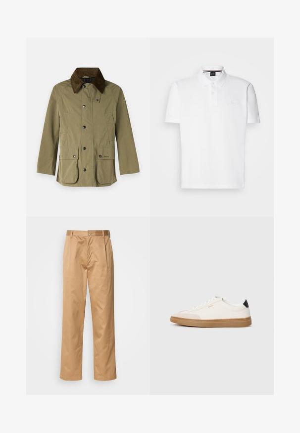 Barbour PEACHED BEDALE CASUAL JACKET - Ελαφρύ μπουφάν - fern; Λευκό πόλο μπλουζάκι φτιαγμένο από μείγμα βαμβακιού και πολυεστέρα, με γιακά, πλάκα με δύο κουμπιά, και διακριτό κεντητό λογότυπο στο στήθος.; Χακί παντελόνι, σε σύνθεση βαμβακιού, ευθεία γραμμή, εμπρόσθιες πτυχές, θηλιές ζώνης και κουμπί κλεισίματος. Λείο ύφασμα χωρίς σχέδια.; Λευκά αθλητικά παπούτσια με μπεζ λεπτομέρειες, εξαιρετικά λεία δερμάτινη επένδυση, στρογγυλή μύτη και καουτσούκ πάτος, με μαύρο ταμπόν στη φτέρνα και διακριτική σήμανση.