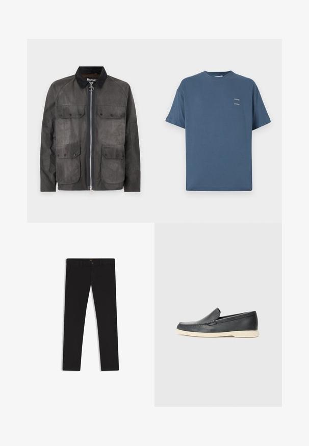 Waxed cotton jacket in dark gray with a corduroy collar, zip closure, and four front pockets. Features subtle textured detailing.; Blue cotton t-shirt with a classic crew neck, short sleeves, relaxed fit, and two small printed logos on the chest. Smooth texture.; Black trousers made of fabric with a smooth texture. Features a button closure, belt loops, and side pockets. Standard straight-leg design.; Black leather slip-on loafers with a textured finish and a contrasting beige rubber sole. Features a subtle accent along the front.