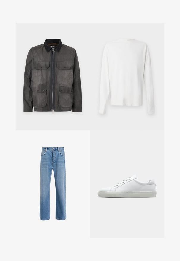 Woskowana kurtka bawełniana w ciemnoszarym kolorze z kołnierzem z materiału sztruksowego, zamek błyskawiczny oraz cztery przednie kieszenie. Posiada subtelne teksturowane detale.; Biała, bawełniana koszula z długim rękawem, okrągłym dekoltem, bocznymi rozcięciami na dole oraz gładką fakturą, wyeksponowana z tyłu.; Jasnoniebieskie dżinsy o prostym kroju, pięć kieszeni, zapięcie na guzik, minimalne blaknięcia i kontrastowe wykończenia szwów.; Białe sneakersy z gładką skórzaną cholewką i niskim profilem. Posiadają okrągły nos, sześć dziurek na sznurówki oraz teksturowaną gumową podeszwę.