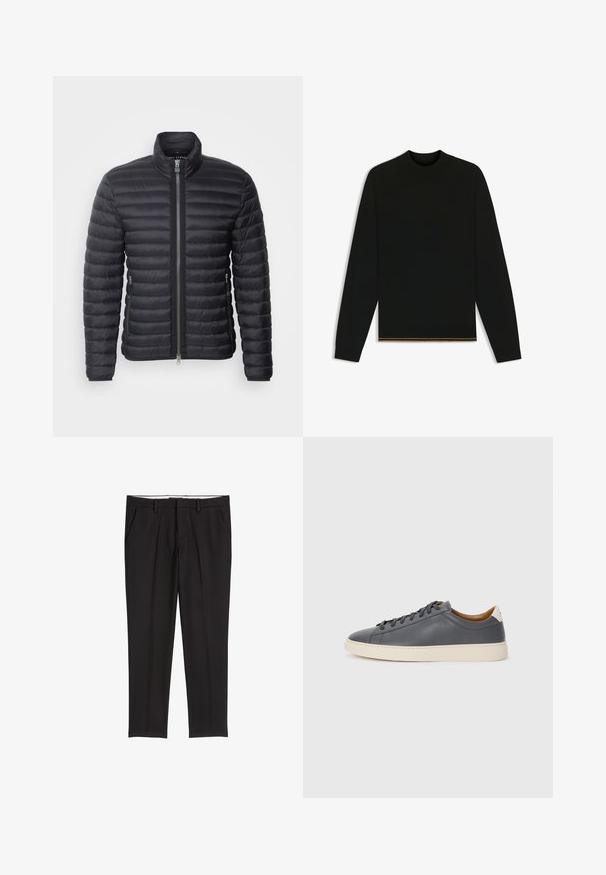 Black padded jacket with a high collar, front zip closure, side pockets, and a quilted texture, featuring a sleek and streamlined design.; Black knit sweater with long sleeves and a high neck. Features a gold accent at the hem. Smooth texture and fitted design.; Black tailored trousers with a smooth texture, featuring two side pockets, a flat front, and a classic waistband.; Gray leather sneaker with round toe, rubber sole, flat laces, and light-colored accents on the heel. Smooth texture and minimalist design.