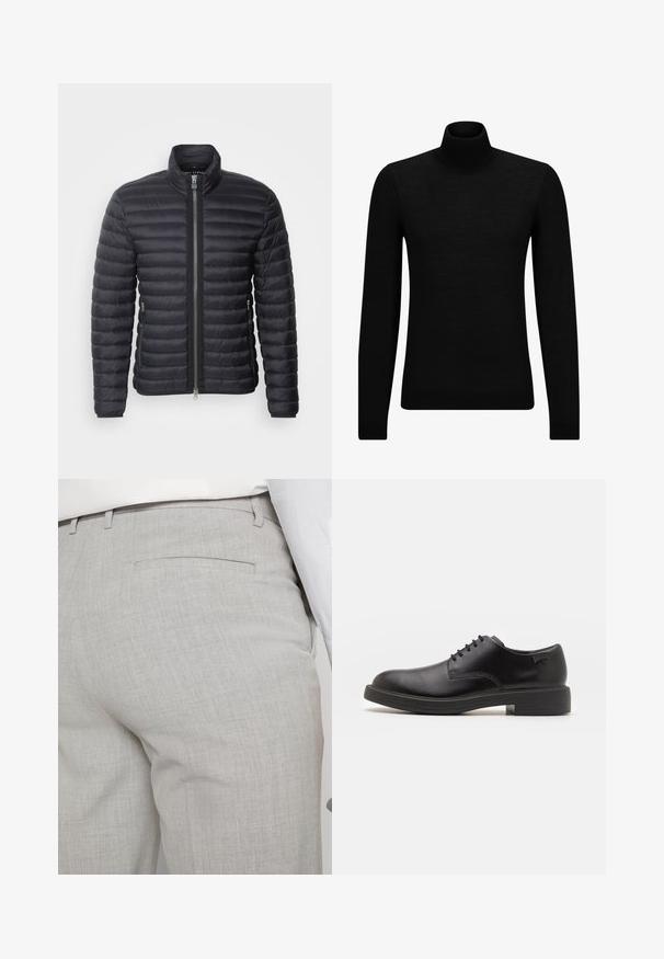Fekete puffdzseki magas gallérral, vízszintes steppelt mintázattal, elülső cipzárral és oldalsó zsebekkel, lélegző, szigetelt anyagból készült.; Fekete garbó pulóver puha anyagból, hosszú ujjakkal és szoros fazonnal. Ribbed díszítés az alján és az ujjak végén. Egyszerű dizájn.; Világosszürke, texturált anyagból készült szabott nadrág, egyetlen hátsó zsebbel és tiszta varrással.; Fekete bőrcipő, kerek orrú, sima felületű, minimális varrással és alacsony gumitalppal. Logó a sarokrészen.