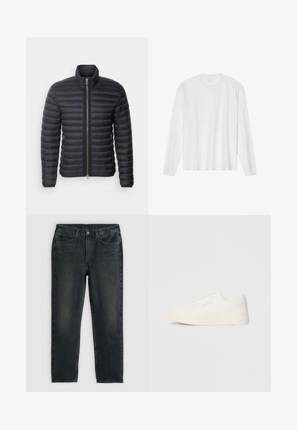 Jachetă puffer neagră cu guler înalt, textură matlasată orizontal, fermoar frontal și buzunare laterale, realizată dintr-un material ușor, izolat.; Tricou alb din bumbac, cu mânecă lungă, gât rotund și manșete ribotate. Design simplu, fără ornamentație, cu o textură netedă și o croială standard.; Blugi din denim de culoare albastru închis, cu croi drept, având cinci buzunare, fermoar și cusături în contrast. Ușor uzate pe material.; Tenisi albi slip-on cu o suprafață texturată, talpă groasă și un design minimalist. Prezintă logo-ul brandului pe lateral.