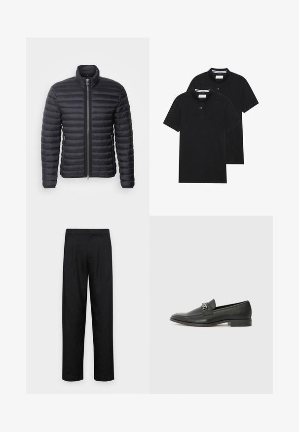 Juodas pūkinis švarkas su aukštu apykakle, horizontaliu siuvinėjimu, priekiniais užtrauktukais ir šoninėmis kišenėmis, pagamintas iš lengvos, šilumą izoliuojančios medžiagos.; Du žaidimų juodos polo marškiniai, trumpomis rankovėmis, pagaminti iš medvilnės, su klasikinėmis apykaklėmis, dviem mygtukais priekyje ir baltais dryžiais apykaklės viduje.; Juodi kelnių modeliai, pagaminti iš lygios medžiagos, turi tiesią kojas, du priekiniai klostės ir standartinę juosmenį su diržo kilpomis.; Juodos odinės loafer tipo bateliai su lygiu paviršiumi, turintys siuvinėtą dizainą ir dekoratyvų metalo grandinėlės akcentą ant batų viršaus. Plokščias kulnas.
