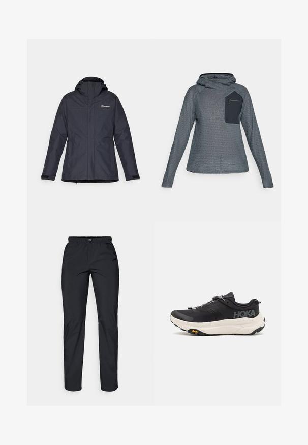 Tumehall veekindel jakk kapuutsiga, jope ees on tõmblukk, reguleeritavad mansetid ja logo vasakul rinnal. Omab kahte küljetaskut.; Hallux hallitus, millel on musta tõmblukuga rinnaeesmine tasku, millel on silt "Peak Performance."; Must töötlusteid, mustad, kergekaalulised, veekindlad püksid elastse vöökohtaga ja kahe küljetaskuga; sile tekstuur; sirge jala disain.; Mustad mustadused spordijalatsid, millel on hingav võrkkangast pealmine osa, kummist välistald, valge pehmendusega vaheosa ja peegeldavad nöörid. Vibrami logo välistalla peal.