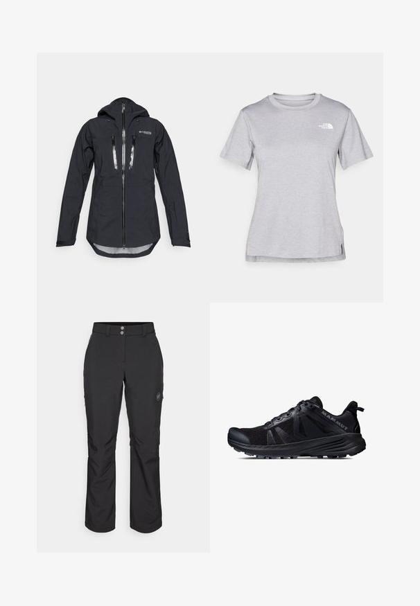 Schwarze wasserdichte Jacke mit Kapuze, ausgestattet mit einem Frontreißverschluss und zwei Brusttaschen. Hergestellt aus strukturiertem, leichtem Stoff mit verstellbaren Manschetten.; Graues T-Shirt mit kurzen Ärmeln aus weichem, feuchtigkeitsableitendem Stoff. Hat einen Rundhalsausschnitt und ein kleines weißes Logo auf der oberen linken Seite.; Schwarze Outdoor-Hosen mit geradem Schnitt, Knopfverschluss, seitlichen Reißverschlusstaschen und einem Logo-Patch auf dem linken Oberschenkel.; Schwarzer Trailrunning-Schuh mit einem Obermaterial aus Mesh und Gummisohle. Mit strukturierten Überzügen, verstärkter Zehenkappe und Markenlogo an der Ferse.
