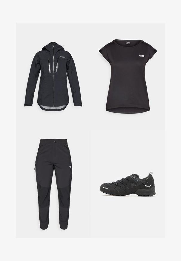Juodas vandeniui atsparus švarkas su kapišonu, turintis priekinį užtrauktuką ir dvi krūtines kišenes. Pagamintas iš tekstūruoto, lengvo audinio su reguliuojamais rankogaliais.; The North Face TANKEN TANK - Sportiniai marškinėliai trumpomis rankovėmis - black; Juodos lauko kelnės, pagamintos iš patvarios medžiagos. Turi užtraukiamas kišenes, sustiprintus kelio plotus ir tiesią konstrukciją, leidžiančią laisvai judėti.; Juodi žygio batai su tekstūruotu audiniu, raišteliais ir tvirtu guma padu. Papuošti atspindinčiomis detalėmis ir logotipais.