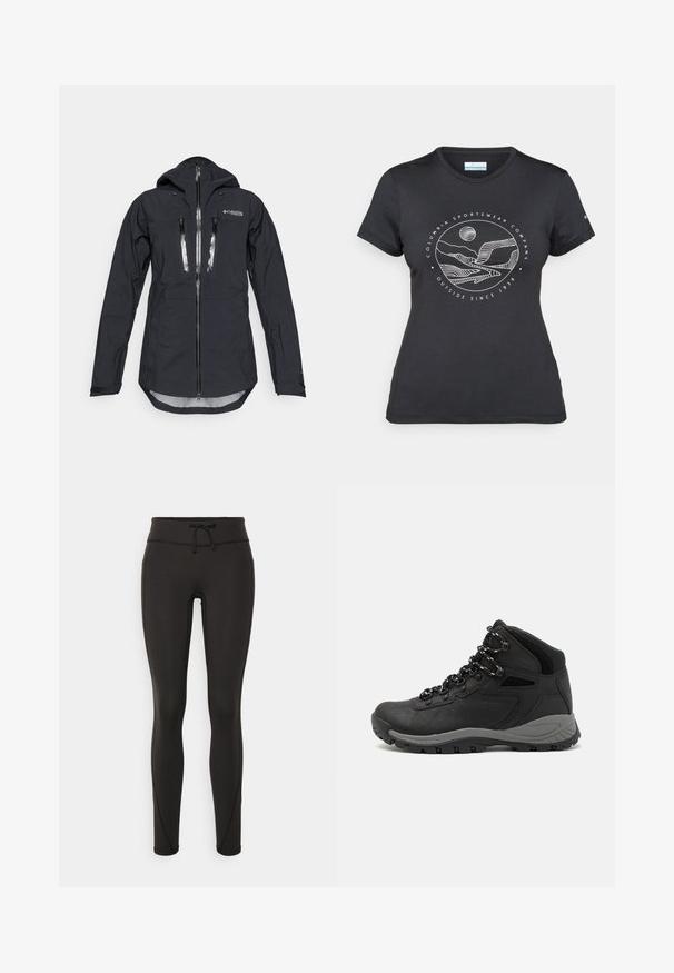 Schwarze wasserdichte Jacke mit Kapuze, ausgestattet mit einem Frontreißverschluss und zwei Brusttaschen. Hergestellt aus strukturiertem, leichtem Stoff mit verstellbaren Manschetten.; Schwarzes Columbia-T-Shirt mit weißer kreisförmiger Berg- und Fluss-Linienkunst und dem Text "Columbia Sportswear Company - Draußen seit 1938."; Schwarze Leggings mit hohem Bund, Kordelzug, glatter Textur und tailliertem Design. Verfügt über Nähte entlang der Seiten.; Schwarzer Wanderstiefel mit einem mittelhohen Design, ausgestattet mit einer strukturierten Oberfläche, grauen Akzenten und einer robusten Gummisohle mit Profilstollen.
