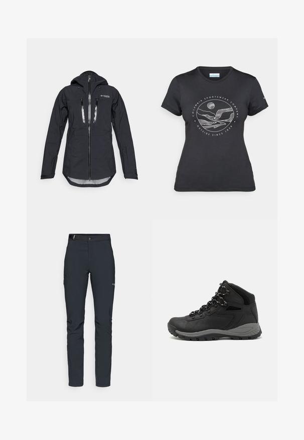 Musta vedenpitävä takki hupulla, jossa on edessä vetoketju ja kaksi rintataskua. Valmistettu teksturoidusta, kevyestä kankaasta, jossa on säädettävät hihansuut.; Musta Columbia T-paita, jossa on valkoinen ympyrämuotoinen vuori- ja joki-viivataide sekä teksti "Columbia Sportswear Company Ulkona vuodesta 1938."; Miestne vonkajšie nohavice, tmavo šedé, vyrobené z flexibilného materiálu, s opaskom, zipsovými vreckami a zosilneným šitím.; Musta vaelluskenkä, jossa on puolivartinen muotoilu, jolle on ominaista teksturoitu päällinen, harmaat yksityiskohdat ja kestävä kumipohja, jossa on pitoita lisääviä lukuja.