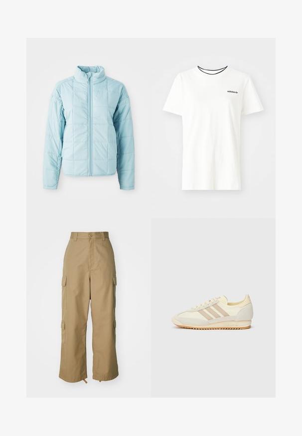 Šviesiai mėlynas siuvinėtas paltas su priekiniu užtrauktuku ir aukštu apykakle, su ilgomis rankovėmis ir kvadratiniu siuvinėjimo raštu.; Balta medvilnė marškinėliai su trumpomis rankovėmis ir apvalia iškirpte. Ant krūtinės yra juodas Adidas logotipas, o vidinė apykaklė yra kontrastinga juoda.; Šviesiai rudos spalvos cargo kelnės su aukštu liemeniu, plačiomis kojomis ir keturiomis didelėmis šoninėmis kišenėmis. Pagamintos iš patvarios medžiagos su lygiu paviršiumi ir minimaliais detalėmis.; Kreminių spalvų sportiniai bateliai su trimis bežinėmis juostelėmis, pagaminti iš zomšos ir tekstilės medžiagų, su tekstūruota baze ir įspaustu prekiniu ženklu ant kulno.