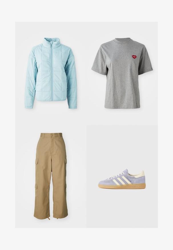 Hele sinine õmmeldud jakk esi tõmblukuga ja kõrge kraega, millel on pikad varrukad ja ruutõmblustest muster.; Hall suurte varrukatega hall T-särk ringkaelusega, mille vasakul rinnal on väike punane südamekujuline kätk, millel on kirjas "Carhartt WIP."; Beezid kargo püksid kõrge vöökohaga, laiad jalad ja neli suurt külgtaskut. Valmistatud vastupidavast kangast, millel on sile tekstuur ja minimaalne detail.; Lilla suede tennis, millel on kolm valget triipu, kummist gummi tallad ja kreemjad aksendid kanna ja keele juures. Minimalistlik disain logodetailiga.