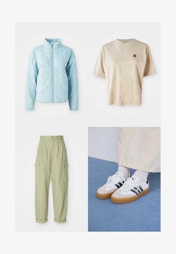 Light blue quilted jacket with front zipper and high collar, featuring long sleeves and square stitching pattern.; Beige cotton t-shirt with a relaxed fit, crew neck, short sleeves, and a small square logo patch on the left chest area.; Light green cargo pants made from cotton fabric. Features a high waist, rolled cuffs, and two side cargo pockets for added utility.; White sneakers with black stripes and beige suede accents. Feature a textured gum sole and flat white laces, worn with light-colored socks.