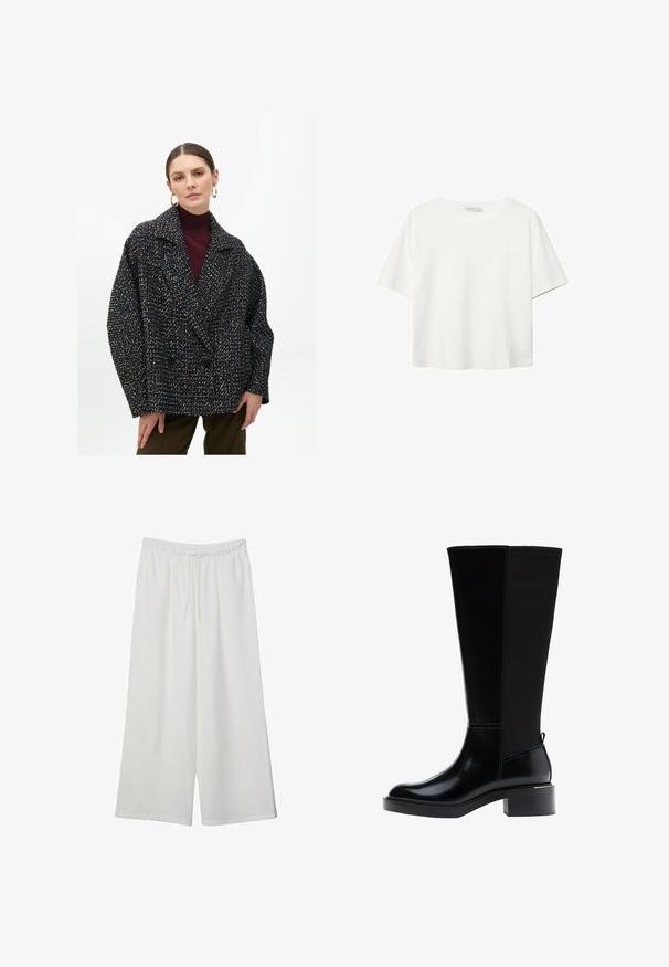 Čierny a pestrofarebný tweedový dvojradový kabát s veľkými klopami, vo voľnom strihu, s dvoma prednými gombíkmi, nosený na tmavom roláku.; Biela krátkopsová tričko vyrobené z bavlny. Má okrúhly výstrih a voľný strih. Hladká textúra bez viditeľných vzorov alebo akcentov.; Biele široké nohavice z ľahkého materiálu s elastickým pásom a šnúrkou na nastavenie veľkosti. Hladká textúra.; Čierna čižma po kolená s hladkým koženým povrchom, výrazným šitím, masívnym podpätkom a textúrovaným zadným panelom pre väčší záujem.