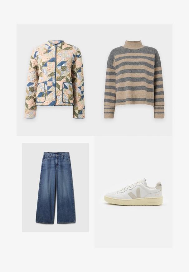 Casaco acolchoado com um design em patchwork em cores pastéis, com padrões florais e listrados, bordas azuis e dois bolsos frontais.; Sweater de malha às riscas com cores cinza e bege, gola alta, mangas largas com punhos e um corte solto com design cropped.; Calças de ganga azul de perna larga com um acabamento desbotado, apresentando um fecho de botão e zipper, cinco bolsos e passantes para cinto.; Sapatilha de couro branca com detalhes em camurça bege, biqueira perfurada, atacadores planos e sola texturizada creme. Apresenta uma marcação subtil no calcanhar.