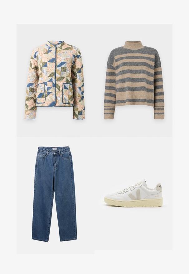 Quilted jacket featuring a patchwork design in pastel colors, with floral and striped patterns, blue trim, and two front pockets.; Striped knit sweater featuring gray and beige colors, high neck, wide cuffed sleeves, and a relaxed fit with a cropped design.; Classic blue denim jeans with a straight-leg design, five pockets, and a button closure. Features a medium wash and sturdy texture.; White leather sneaker with beige suede accents, perforated toe box, flat laces, and a textured cream sole. Features subtle branding on heel.