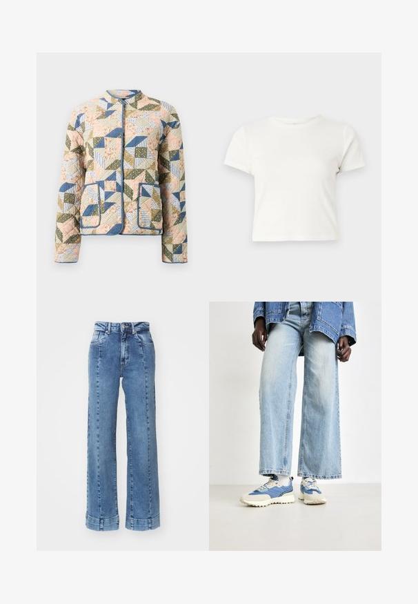 Dėvimas pamušalu švarkas su kvadratų dizainu pastelinių spalvų, su gėlių ir dryžuotais raštais, mėlynų apvadu ir dviem priekinių kišenių.; Trumpa balta medvilnės marškinėliai su trumpomis rankovėmis, apvaliu kaklu ir tiesiu hemu, pasižyminti lygiu tekstūriu ir minimaliu dizainu.; Šviesiai mėlynos džinsinės platėjančios kelnės su aukštu juosmeniu, turinčios priekines kišenes ir siuvinėjimo detales. Apačia yra pasukta ir siuvama.; Mėlynų džinsų plačių kojų kelnės, derinamos su mėlynais ir kremiškai baltais sportbačiais, turinčiais tekstūruotą audinį ir raištelius, prieš neutralų foną.