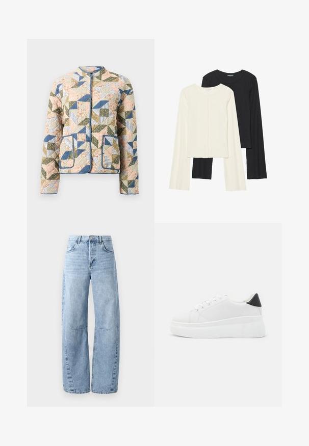 Kurtka pikowana z patchworkowym wzorem w pastelowych kolorach, z kwiatowymi i paskowanymi motywami, niebieskimi wykończeniami oraz dwiema przednimi kieszeniami.; Zestaw dwóch bluzek z długim rękawem w kolorze białym i czarnym. Prążkowana struktura, okrągły dekolt, dopasowany fason z lekko rozszerzanymi rękawami.; Jasnoniebieskie spodnie dżinsowe o szerokich nogawkach, wykonane z denimu, z wysokim stanem, pięcioma kieszeniami i delikatnym wyblaknięciem. Nogawki mają widoczne szwy i szwy.; Białe sneakersy na platformie wykonane z gładkiego materiału syntetycznego, z zaokrąglonym noskiem, sznurowanym zapięciem i teksturowaną gumową podeszwą. Czarne akcenty na pięcie.