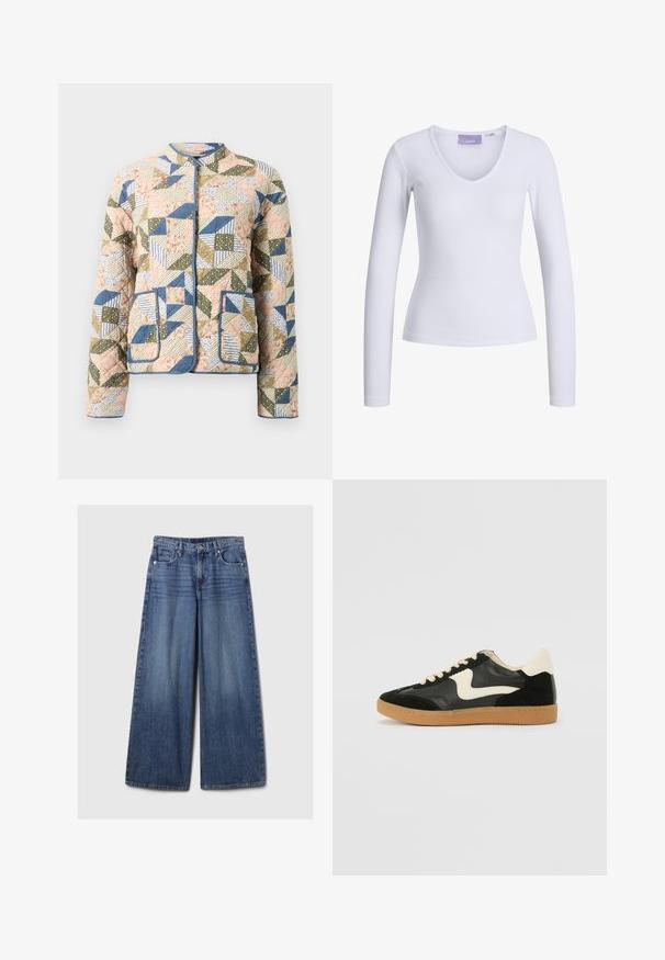 Jachetă matlasată cu un design patchwork în culori pastelate, cu modele florale și în dungi, cu tăieturi albastre și două buzunare frontale.; Bluză albă cu mâneci lungi, cu textură canelată și decolteu în V. Etichetă vizibilă în interiorul gâtului cu numele brandului "JJXX."; Blugi din denim albastru cu picioare largi, având un finisaj uzat, cu închidere prin buton și fermoar, cinci buzunare și curea.; Tenisi din suede și piele negri cu un swoosh lateral de culoare crem și călcâi de un crem deschis. Prezintă șireturi bej și o talpă din rubber de tip gum.