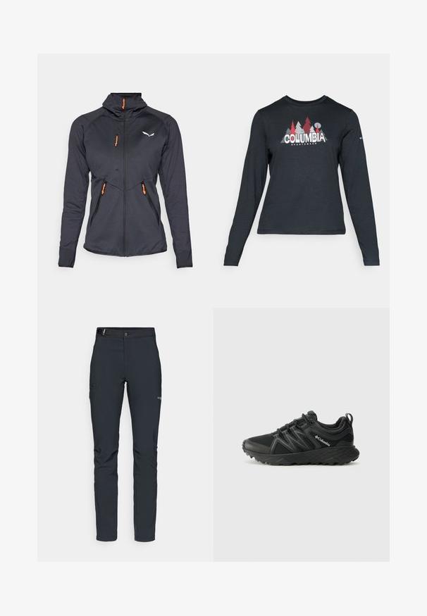 Jachetă neagră cu fermoar, cu guler înalt, cu fermoar portocalii și textură fină. Prezintă panouri din plasă și un logo alb pe piept.; Cămașă cu mâneci lungi de culoare gri închis, cu un grafic de copaci roșii și munți; logo-ul "COLUMBIA" în text alb îngroșat. Material moale, guler standard de tip crew.; Pantaloni de exterior pentru bărbați, gri închis, fabricați dintr-un material flexibil, cu un brâu, buzunare cu fermoar și cusături consolidate.; Columbia PEAKFREAK - Pantofi drumeție - black