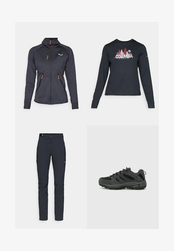 Black zip-up jacket with a high collar, orange zipper pulls, and smooth texture. Features mesh panels and a white logo on the chest.; Long-sleeve dark gray shirt with a graphic of red trees and mountains; "COLUMBIA" logo in bold white text. Soft fabric, standard crew neck.; Men's outdoor pants, dark gray, made from flexible material, featuring a belt, zippered pockets, and reinforced stitching.; Columbia REDMOND - Hiking shoes - black/citron haze