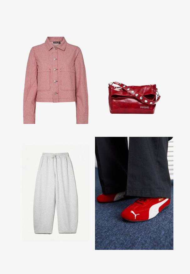 Denimová bunda červené a bílé pruhované barvy s límcem, kovovými knoflíky, dvěma předními kapsami a dlouhými rukávy. Krátký střih s prošitými detaily.; Světle modrá mikina vyrobená z měkké tkaniny, s kulatým výstřihem, dlouhými rukávy a bílým logem s květinovými detaily na hrudi.; Šedé tepláky s uvolněným střihem, elastickým pasem, šňůrkou a bočními kapsami; vyrobeny z měkké, strukturované tkaniny.; Červené semišové tenisky s bílými detaily, mají texturovaný materiál, kulatou špičku a zlaté logo na boku, nošené s černými kalhotami.; Červená syntetická kožená taška přes rameno s přeloženým víkem, stříbrnými cvoky na popruhu a potiskem loga "Desigual".