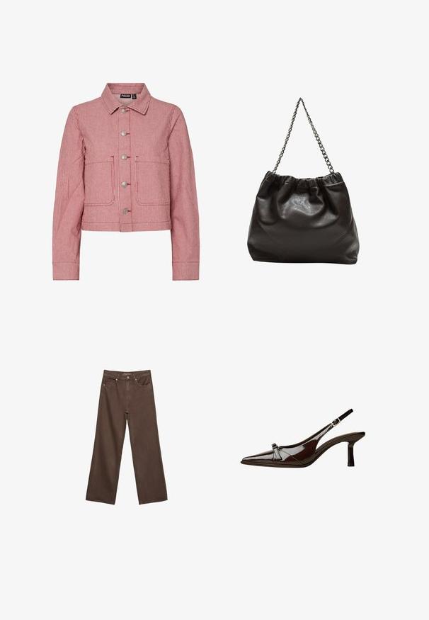 Traper jakna u crveno-bijelim prugama s ovratnikom, metalnim gumbima, dva prednja džepa i dugim rukavima. Skraćeni dizajn s ušivenim detaljima.; Smeđi kratki rukav majica od mekog materijala, s okruglim izrezom i opuštenim krojem. Nema vidljivih uzoraka ili naglasaka.; Proširene smeđe traperice od denima, s visokim strukom, prednjim džepovima i klasičnom kopčom na dugme. Glatka tekstura s suptilnim šavovima.; Smeđe lakirane slingback cipele s upPointom, niskom petom i dekorativnom mašnom sprijeda. Glatka, sjajna tekstura.; Smeđa kožna torba s naboranim vrhom i lančićem za nošenje. Glatka tekstura s sjajnim završetkom i suptilnim šavnim detaljima sa strane.