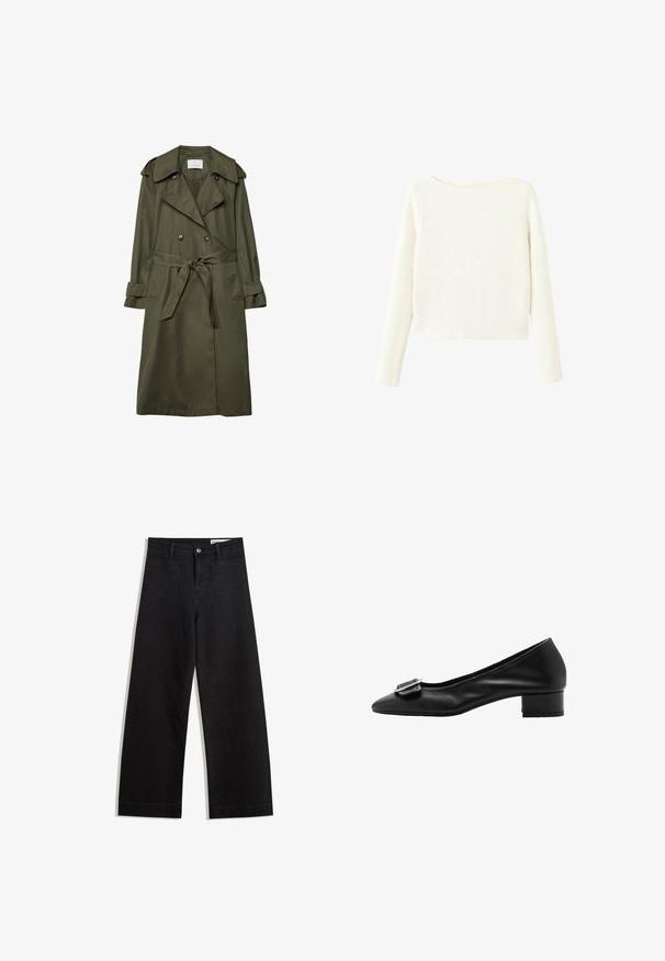 Olivenfarvet trenchcoat lavet af glat stof, med dobbeltbrystet front, stor krave, bindebælte i taljen og to sidelommer.; Hvid, langærmet, ribbet striktrøje med let bådformet halsudskæring og lige kant.; Sorte wide-leg denim bukser med høj talje, der har front- og baglommer, syede sømme og en knaplukning. Glat tekstur.; Sorte læderpumpe med spids tå, lille blokhæl og dekorativ spænde detalje på forfoden. Glat tekstur og enkelt design.