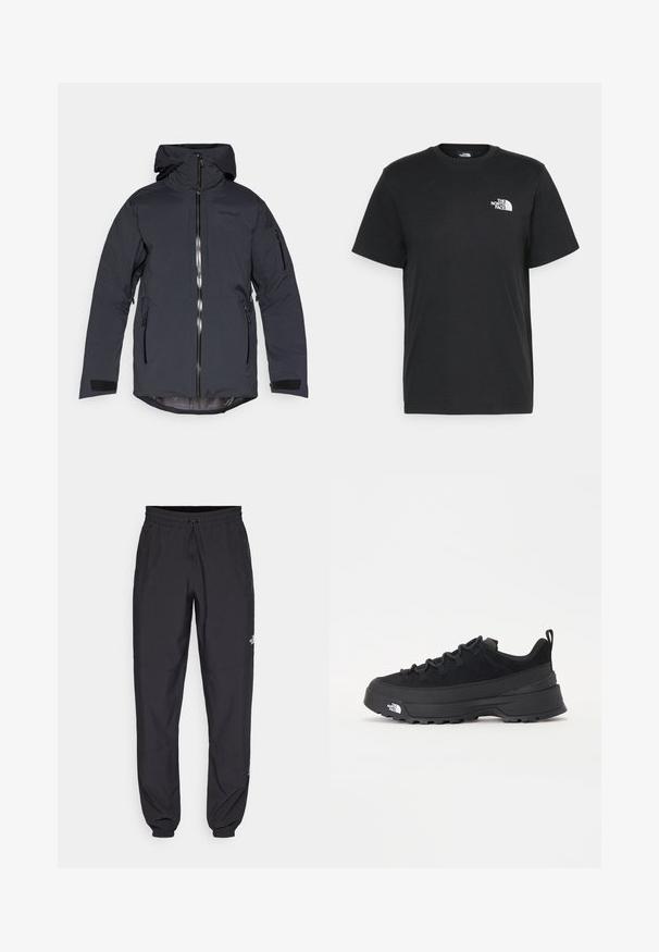 Black hooded winter jacket with front zipper, two side zip pockets, zip pocket on left sleeve, and velcro wrist straps.; Black cotton t-shirt with short sleeves, crew neck, and a small white logo on the left chest. Simple design, smooth texture, and relaxed fit.; Black athletic pants made from lightweight fabric, featuring a drawstring waistband, side pockets, and tapered cuffs at the ankles.; Black outdoor sneaker with a suede upper, textured rubber sole, and sturdy lacing system. Features a reinforced heel and brand logo on the side.