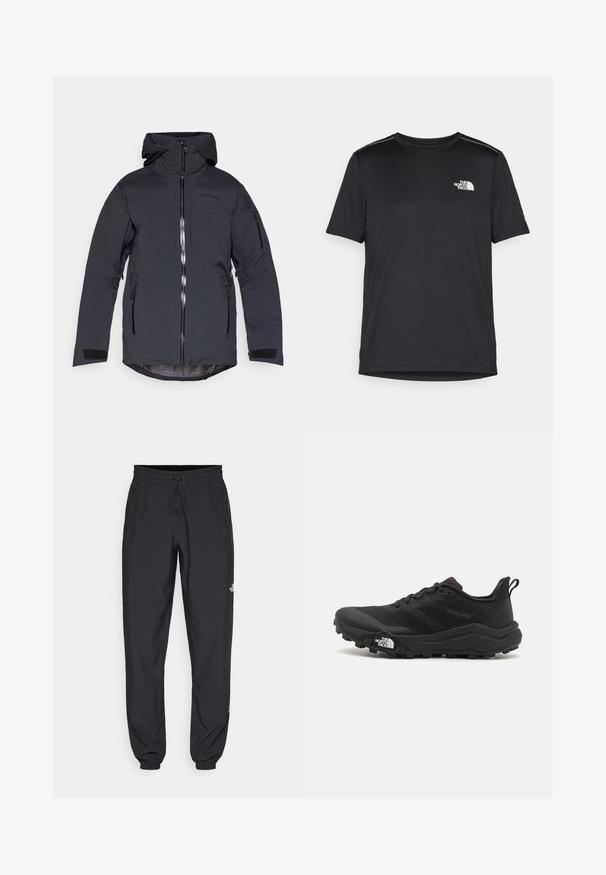 Črna zimska jakna s kapuco, spredaj z zadrgo, dvema stranskima žepoma z zadrgo, žepom z zadrgo na levem rokavu in ježkom na zapestjih.; Črna kratkosleevena majica iz lahkotnega materiala. Ima majhen bel logo na levem prsnem delu in diskretne poudarke na ramenskem predelu.; Črne atletske hlače iz lahkega materiala, ki imajo elastični pas z vezalko, stranske žepe in zožene manšete na gležnjih.; Črne tekaške čevlje za trail s teksturirano zgornjega dela, gumijastim podplatom in ojačanim zaključkom prstov. Vključuje oblazinjen ovratnik in zanko za enostavno obuvanje.