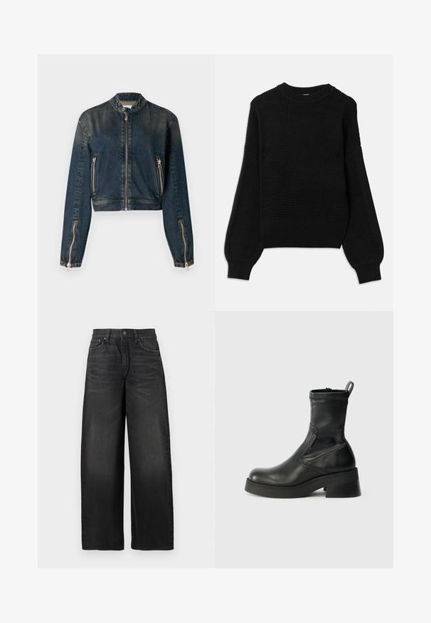 Tamni traper jakna skraćenog kroja s visokim ovratnikom, prednjim patentnim zatvaračem i dva bočna džepa s patentnim zatvaračem. Ima elegantnu srebrnu hardver i blago izblijeđenu teksturu.; Crna pulover s teksturiranim pletenim dizajnom, rebrastim okruglim izrezom i prevelikim balon rukavima s glatkom završnom obradom.; Crne traperice visokog struka širokih nogavica s blagim izbljeđivanjem i malom poderanom mrljom na gornjem desnom bedru.; Crne kožne čizme do gležnja s okruglim vrhom, bočnim patent zatvaračem, niskom blok petom i urednim šavovima. Tekstura s glatkom završnom obradom.