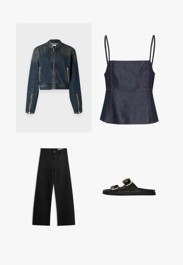 Temna denim jakna do pasu z visokim ovratnikom, sprednjim zadrgo in dvema stranskima žepoma na zadrgo. Ima elegantno srebrno okovje in rahlo zmotno teksturo.; Temna denim brezrokavna majica s kvadratnim izrezom, kotnimi deli in vidnimi šivi. Ravna, gladka tekstura.; Črne široke denim hlače z visokim pasom, ki imajo sprednje in zadnje žepe, šivane šive ter gumbasto zapiranje. Gladka tekstura.; Črne drsne sandale z dvema zlatima zaponkama, gladkega materiala, ravnim podplatom in minimalističnim dizajnom.