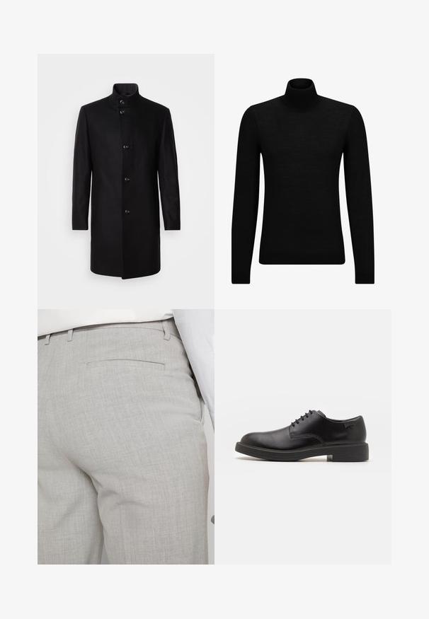 Crni kaput od mješavine vune s visokim ovratnikom, prednjim zatvaranjem na dugmad, dugim rukavima i pojednostavljenim siluetom. Bez uzoraka ili ukrasa.; Crni dukserica s visokim ovratnikom, napravljena od mekanog materijala, s dugim rukavima i priljubljenim krojem. Rebrasti detalji na donjem rubu i rukavima. Jednostavan dizajn.; Svijetlosive krojene hlače od teksturiranog materijala, s jednim stražnjim džepom i čistim šavovima.; Crne kožne cipele s vezanjem i zaobljenim vrhom, glatke teksture, minimalnim šavovima i niskim gumiranim potplatom. Logo se nalazi na peti.