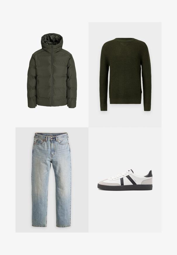 Olivenfarvet pufferjakke med hætte, der har en frontlynlås, kviltet design og elastiske manchetter. Glat stof med isolation.; Olivengrøn strikket sweater med rund halsudskæring, lange ærmer og ribbede manchetter. Har et struktureret mønster og en afslappet pasform.; Lysblå denim jeans med høj talje, frontknap, lynlås og fem-lomme design, lagt fladt på en neutral baggrund.; Hvide sneakers med sorte og grå detaljer, med en tekstureret grå tåhætte, sort gummisål og flade hvide snørebånd. Rent design, minimalistisk stil.