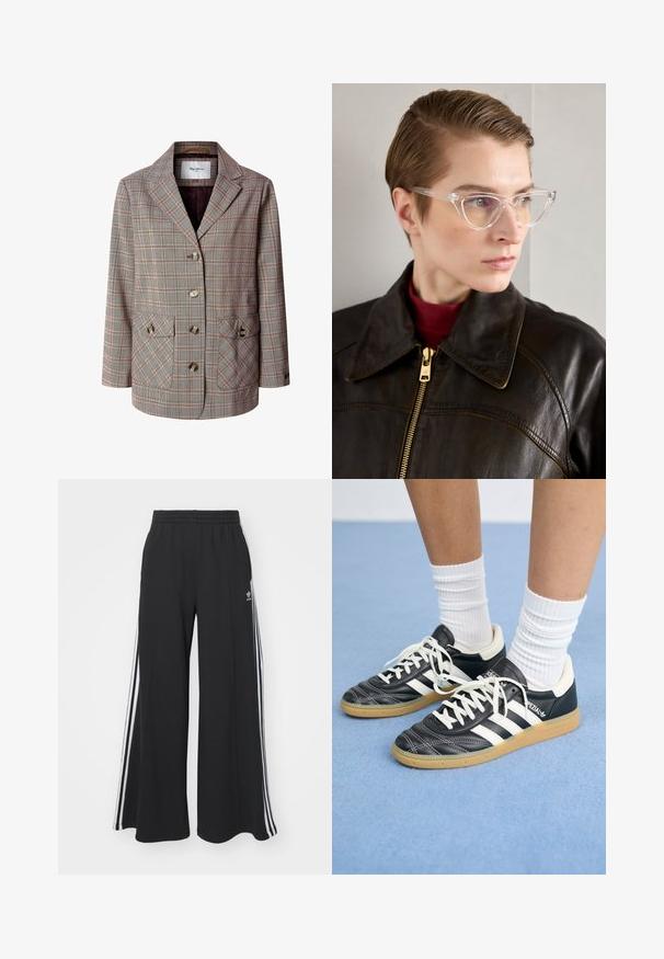 Blazer de cuadros en tonos marrón y crema, con un cuello con muesca, tres botones, dos bolsillos frontales y un forro marrón. Tela texturizada.; Conjunto de dos camisetas de manga larga en blanco y negro. Textura acanalada, cuello redondo, diseño ajustado con mangas ligeramente acampanadas.; Pantalones de chándal negros de pierna ancha con una cinturilla elástica, que presentan franjas blancas a los lados y un logo bordado en el muslo izquierdo.; Zapatillas de cuero negro con rayas blancas, punta redonda, cordones blancos y suela de goma. Destacan por su cuello acolchado y detalles de marca.; Gafas cat-eye de acetato transparente con lentes amarillos, llevadas por una persona con una chaqueta de cuero oscura y un cuello de tortuga rojo. Textura suave.