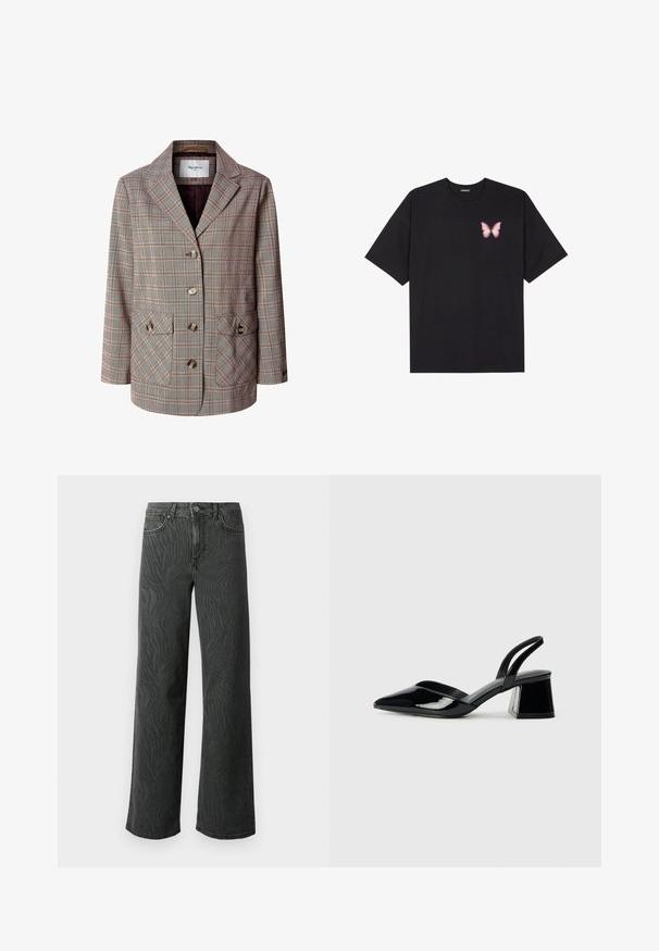 Rutigt kavaj i bruna och krämfärgade nyanser, med en sjalkrage, tre knappar, två framfickor och en brun foder. Strukturerad tyg.; Svart bomullströja med korta ärmar, med en liten rosa fjärilsgrafik på vänster bröst. Rundad halsdesign med en avslappnad passform.; Videbeniga jeans i mörkgrå denim, med en subtil zebramönstrad struktur, kontrasterande sömmar och fem fickor med knappsgylf.; Svarta lackläder slingback klackar med spetsig tå och geometrisk klack. Har en elegant, minimalistisk design och slät yta.