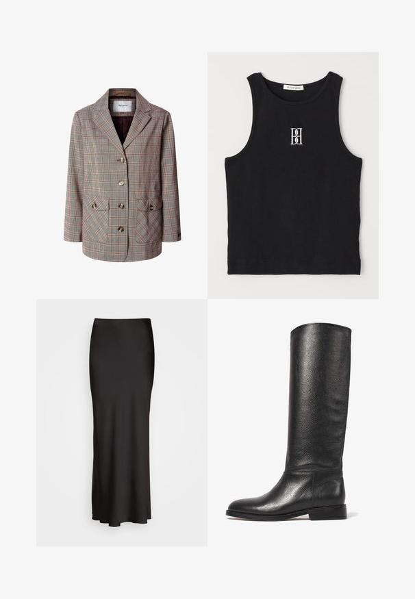 Rutigt kavaj i bruna och krämfärgade nyanser, med en sjalkrage, tre knappar, två framfickor och en brun foder. Strukturerad tyg.; Svart ribbad linne med rund halsringning och broderad logotyp i vitt. Tyg med en mjuk textur och en åtsittande passform.; Svart, golvlång satinkjol med en slät textur, figurnära midja och A-linjeformad silhuett, utan synliga dekorationer eller mönster.; Knähöga svarta läderstövel med texturerad yta, rund tå, slät skaft och en låg staplad klack. Minimalistisk design, ingen synlig hårdvara.