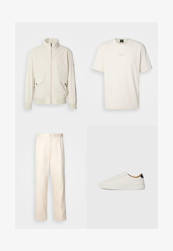 Casaco bege claro com gola alta, fecho de zip, dois bolsos com aba e punhos canelados. Feito de um material macio e suave.; BOSS TEE - T-shirt básica - open white; Calças de algodão bege com corte reto, apresentando um fecho de botão e pregas na frente para um detalhe adicional.; Sapatilhas brancas com um cabedal em couro liso, bico redondo e sola plana. Detalhe preto no calcanhar, com atacadores tonais e uma marcação minimalista.