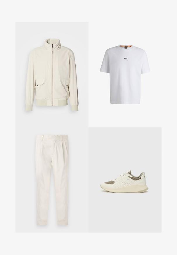 Šviesiai smėlinė jaketė su aukštu apykakle, užtrauktuku, dviem kišenėmis su atvartais ir pūkuotais rankogaliais. Pagaminta iš minkštos, lygaus paviršiaus medžiagos.; Balta medvilninė marškinėliai trumpomis rankovėmis, su juodu "BOSS" logotipu, centruotu ant krūtinės, ir apvaliu kaklo dizainu.; Balti, susiūtos kelnes, turinčios pritaikytą siluetą, pasižyminčias lygia tekstūra, dirželio kilpomis ir siaurėjančiomis kojomis. Nėra matomų kišenių ar raštų.; Baltas ir šviesiai bežinis sportinis kedas, su tinklo viršumi, perforuotais detalėmis ir tekstūruotu tarpine su logotipu ant kulno.