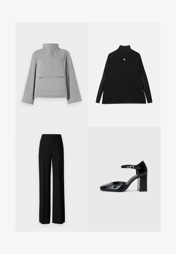 Gray cropped jacket features a high collar, loose sleeves, a front pocket detail, and a smooth, lightweight fabric texture.; Black turtleneck sweater with long sleeves, featuring a small white heart emblem on the chest. Soft fabric and relaxed fit.; Black wide-leg trousers with a smooth texture, featuring a high waistband and center pleats. No visible patterns or hardware details.; Black patent leather high-heeled shoes with a square toe, ankle strap, and a chunky heel. Includes perforated detailing along the rim.